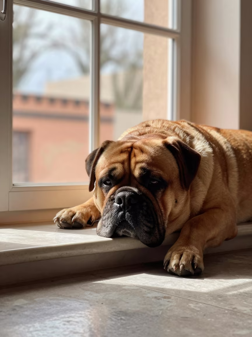 Dogue de Bordeaux Resting on Window Seat in on a window seat in a quiet apartment with soft side light in Ben Guerir