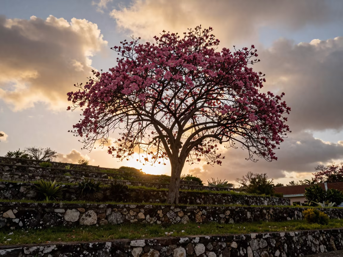 Dogwood Tree Silhouetted Against Cuban Sunrise in among terraced garden plots in Cuba