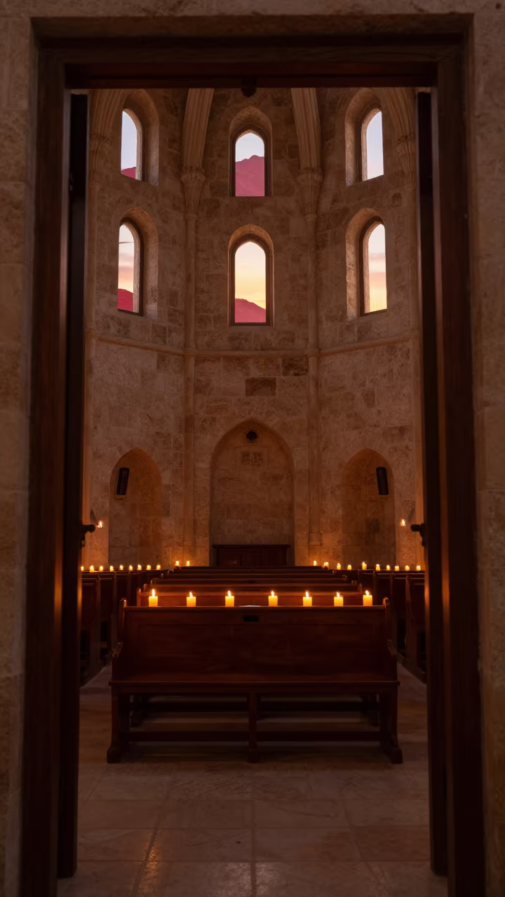 Doha Abbey Nave with Amber Sunset Light in inside a candlelit abbey nave in Doha