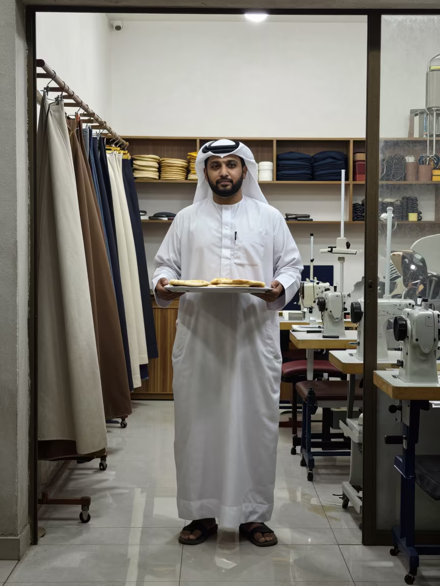 Doha Baker Holding Flatbread in Tailor Shop Dawn in in a modest tailor's shop in Doha