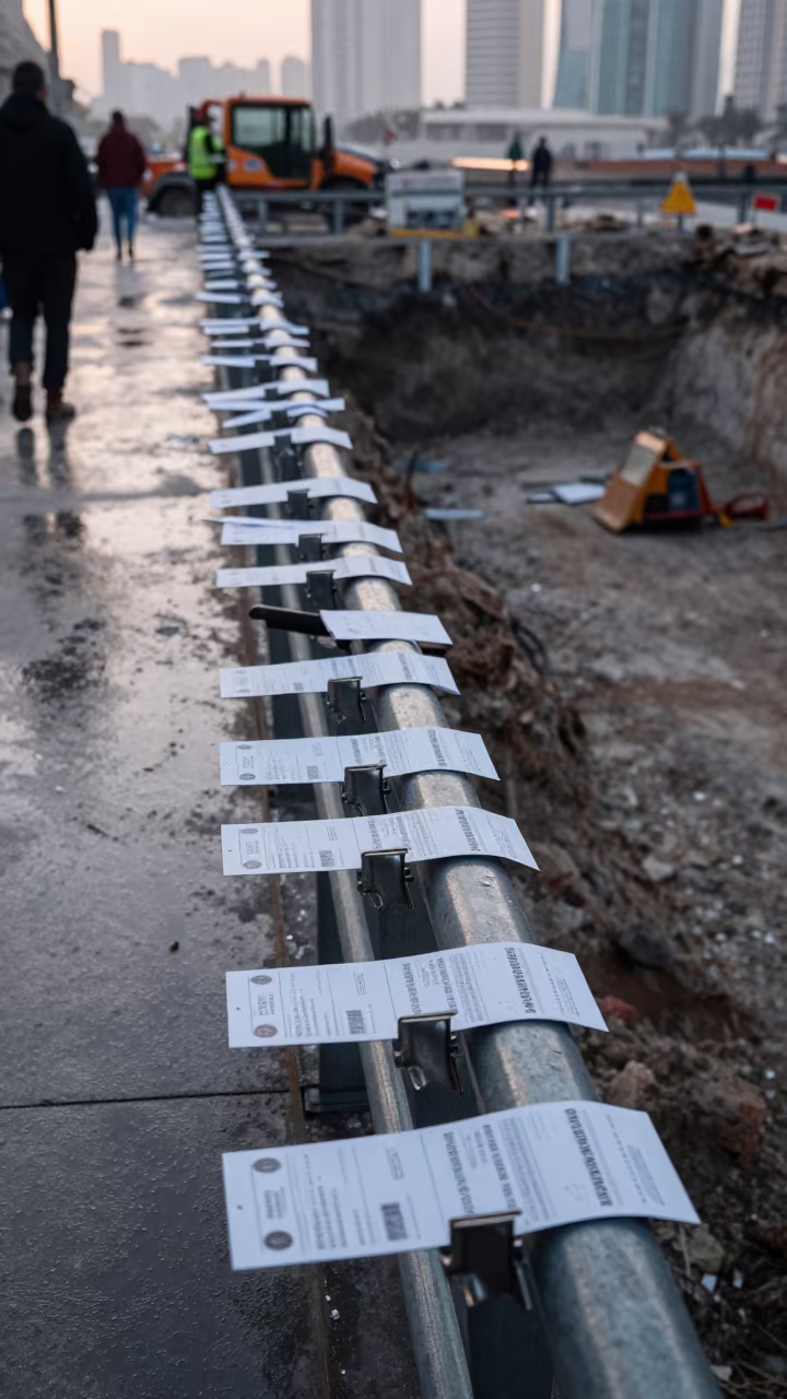 Doha Construction Ticket Rail Dawn Light in inside a taped-off excavation edge near Doha