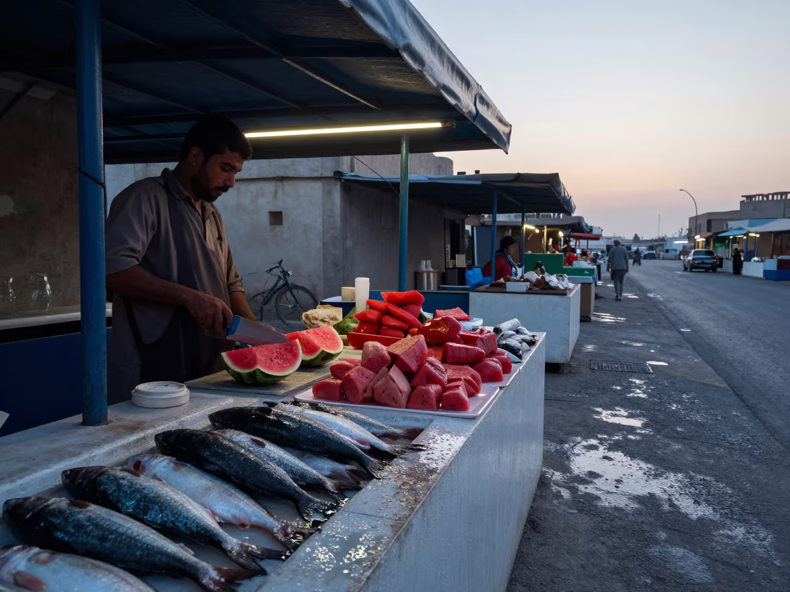 Doha Market Watermelon Vendor Before Dawn in beside a fish counter in Doha