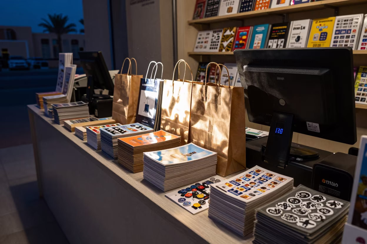 Doha Museum Shop Till Neon Predawn in at a cash wrap counter with bags stacked nearby in Doha