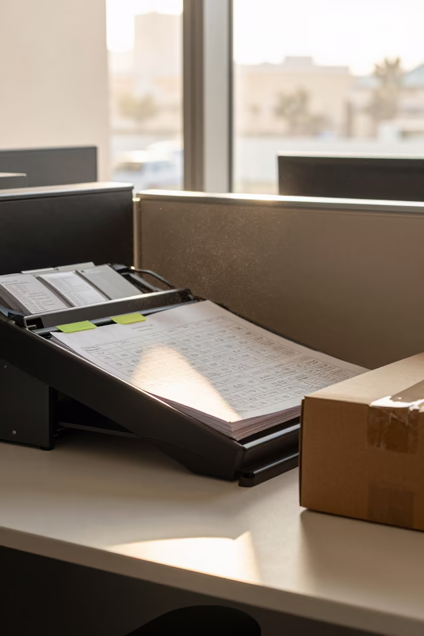 Doha Office Mail Merge Proof Tray in Golden Hour in inside an open-plan office bay near Doha