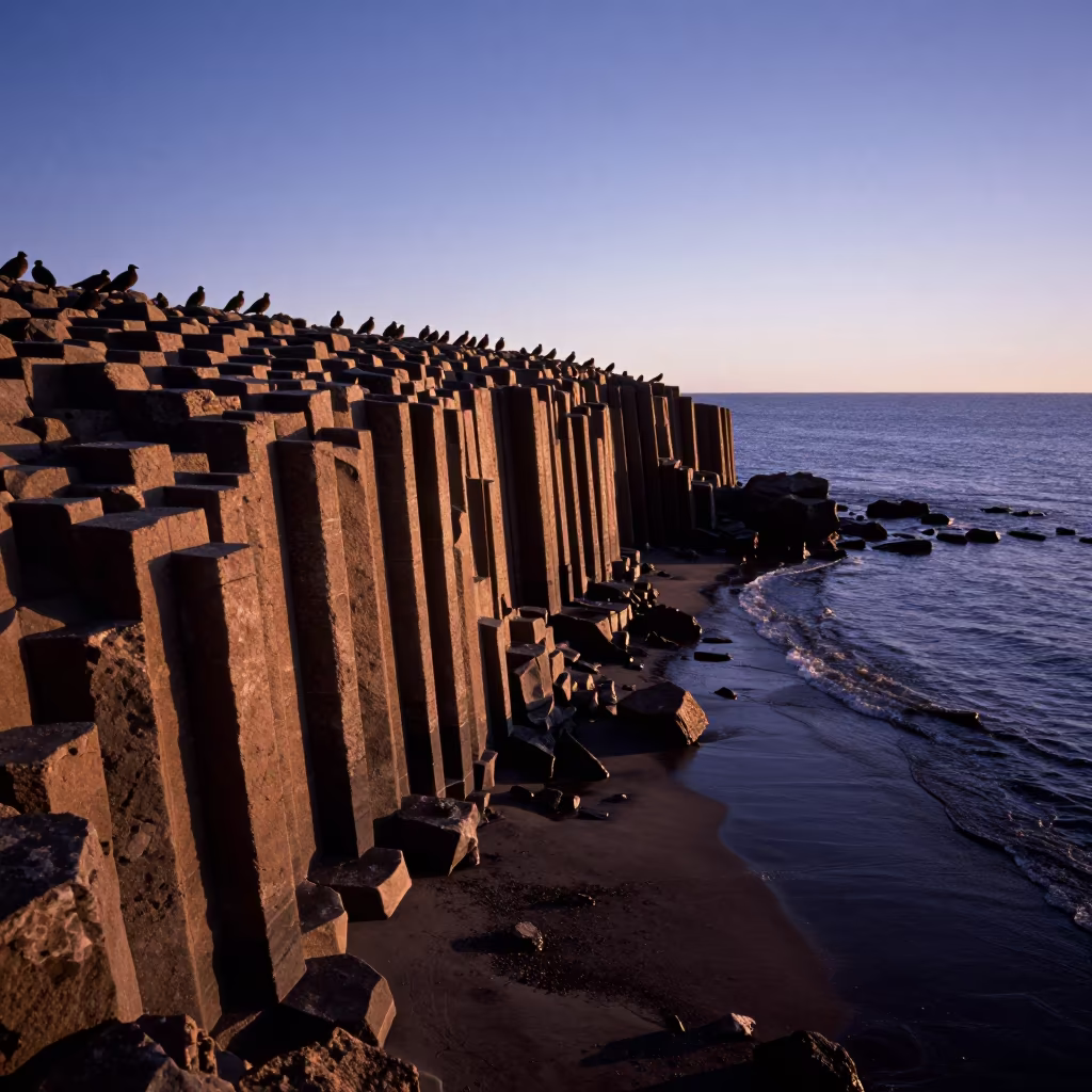 Dolerite Columns Silhouetted at Blue Hour in along a wave-cut shoreline in Bolivia