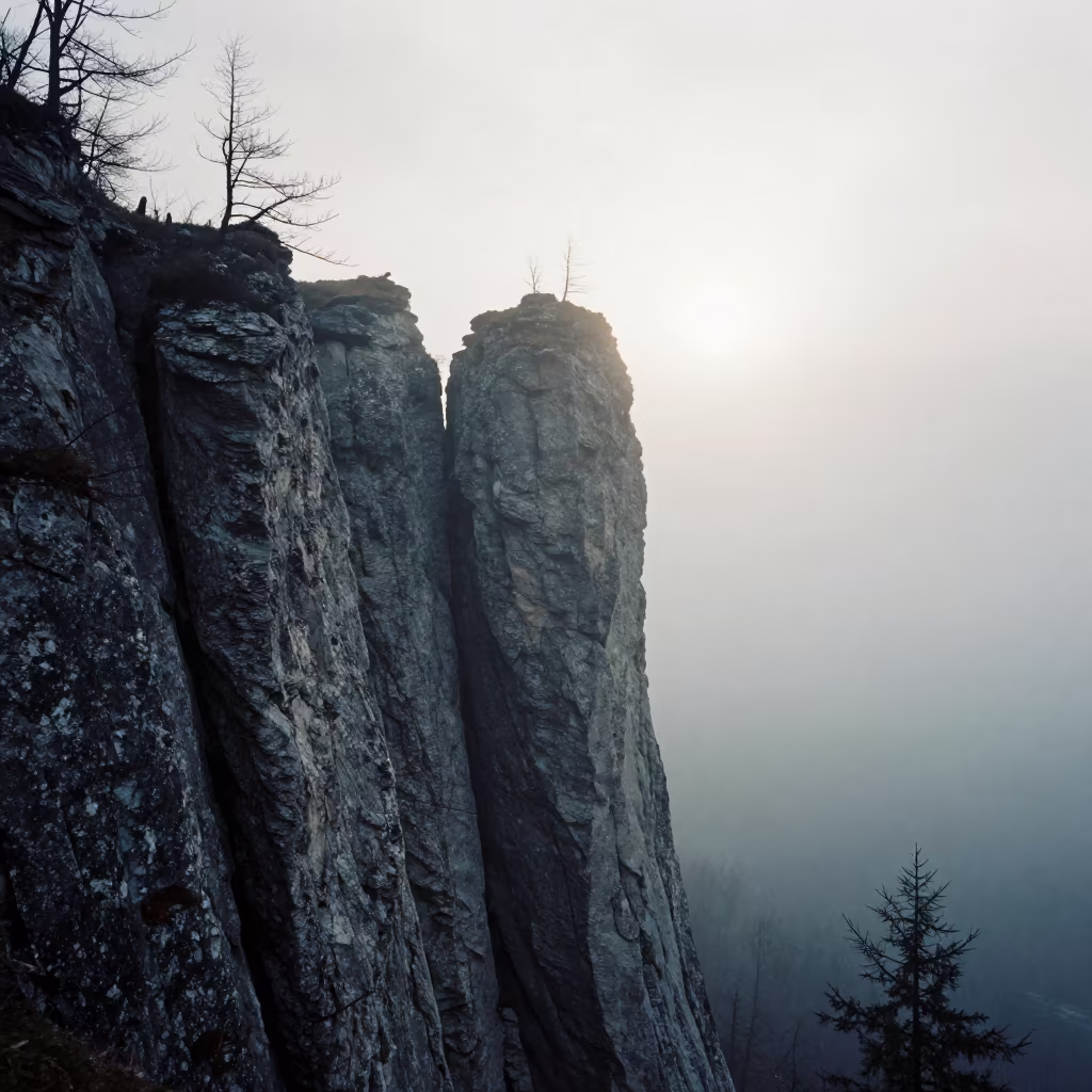 Dolerite Columns Silhouetted in Winter Mist in near Innsbruck