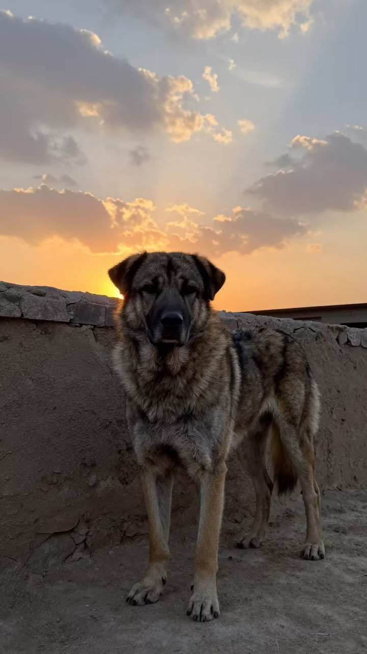 Dolisie Central Asian Shepherd Dog Portrait in beside a plain courtyard wall in clear daylight with the animal at eye level in Dolisie