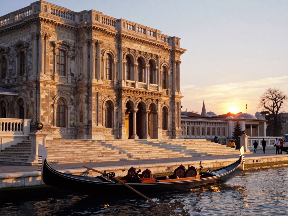Dolmabahce Palace Sunset View with Wooden Gondola and Bosphorus Bridge in Istanbul Turkey in in Istanbul, Turkey