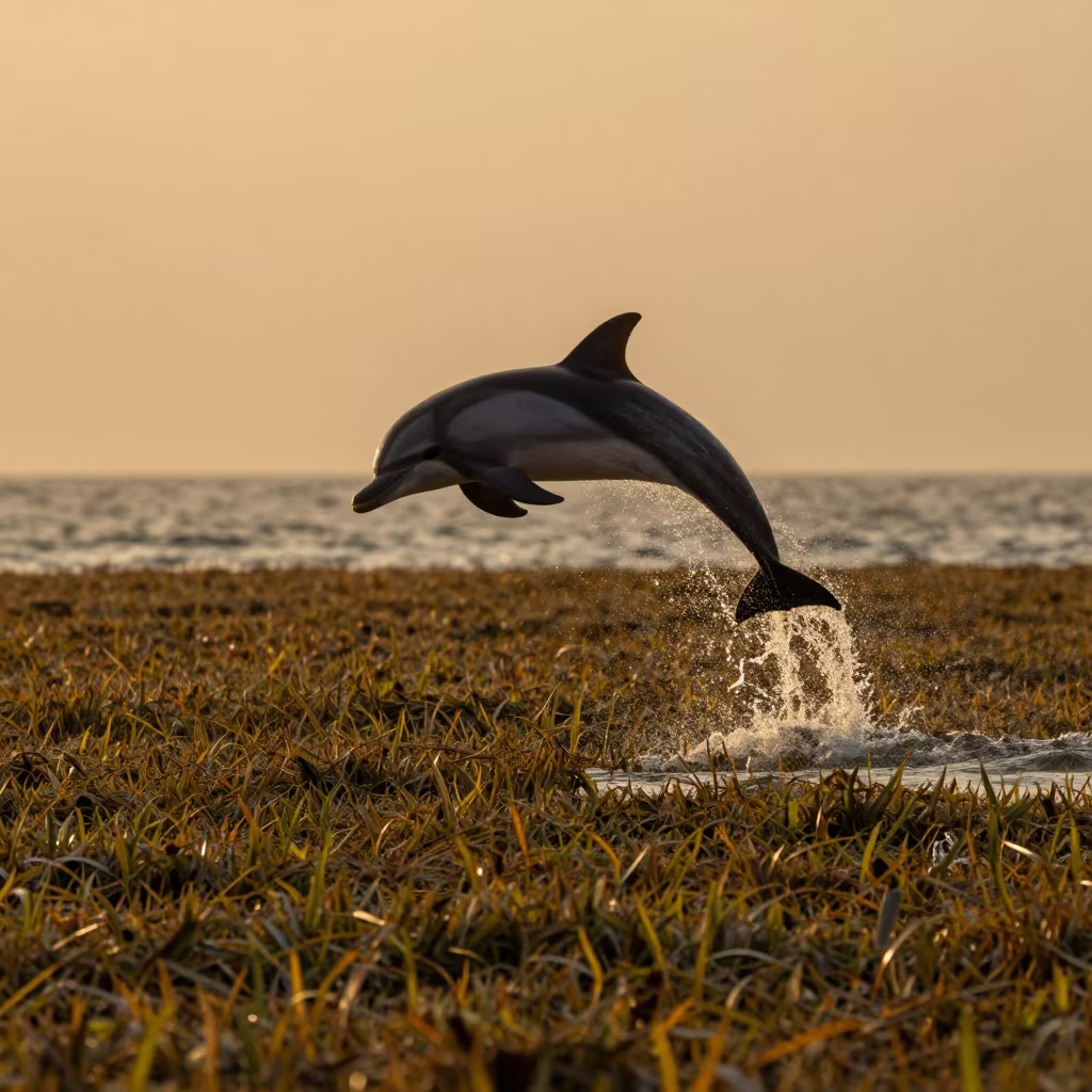Dolphin leaping through amber sunset bow wave in above a seagrass meadow near Marine Drive, Mumbai