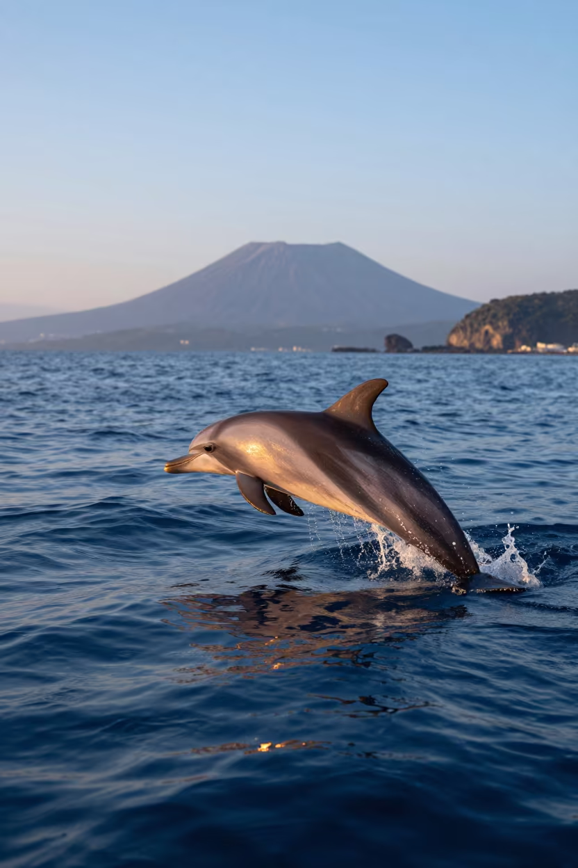 Dolphin Leaping Through Bow Wave Sunset Fukuoka in beside a volcanic drop-off near Fukuoka