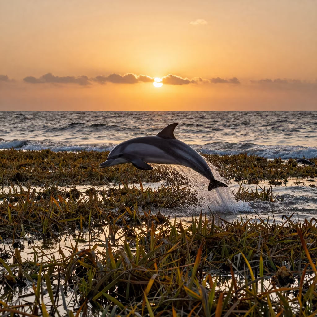 Dolphin Leaping Over Seagrass at Senegal Sunset in above a seagrass meadow in Senegal