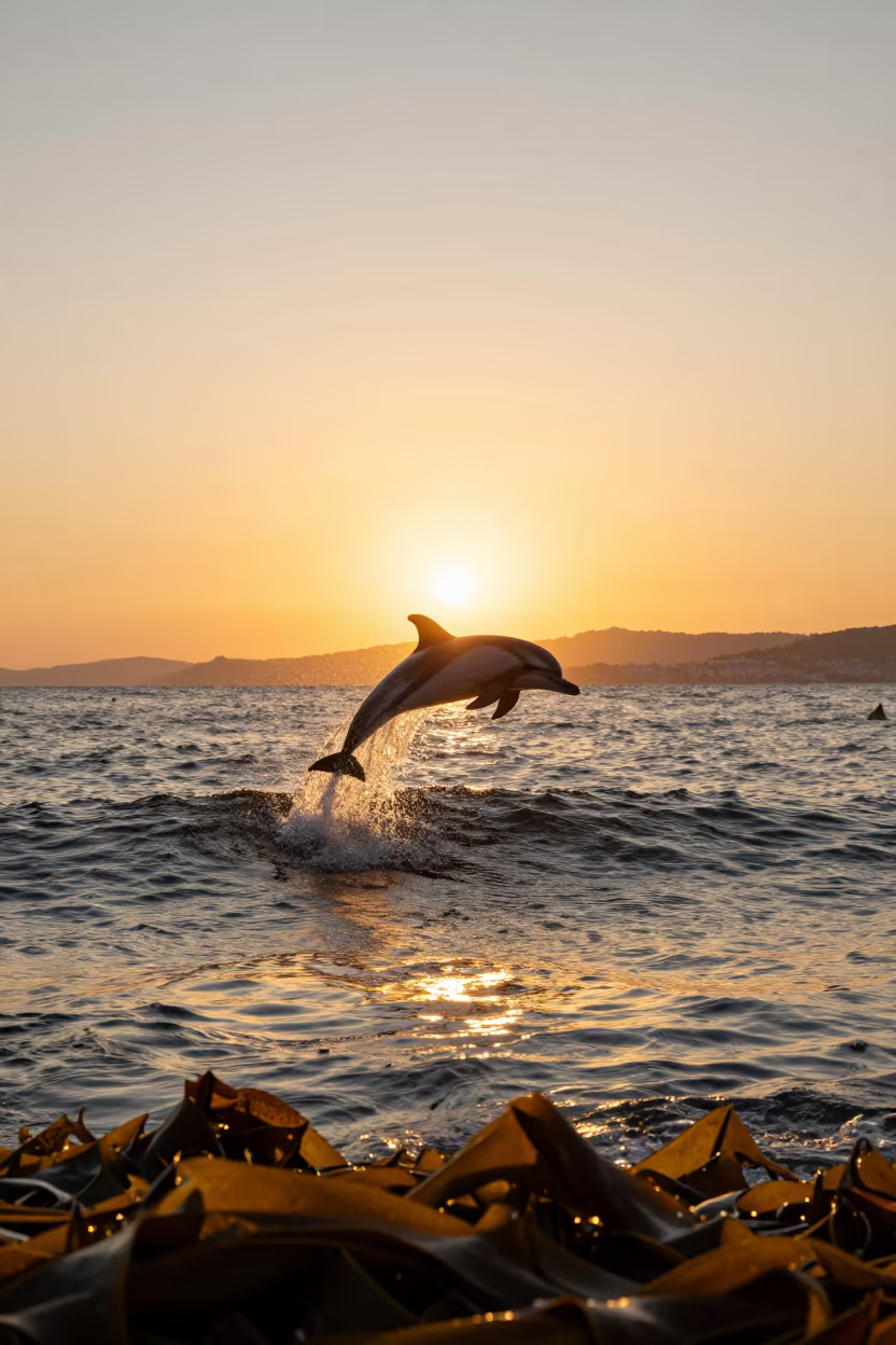 Dolphin Leaping Through Sunset Bow Wave Near Marseille in along a kelp-fringed shelf near Marseille