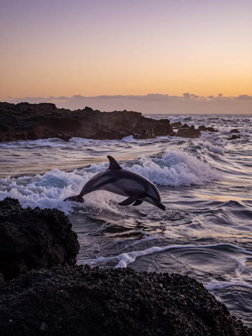 Dolphin Leaping Over Volcanic Drop Off at Sunset in beside a volcanic drop-off near Durban