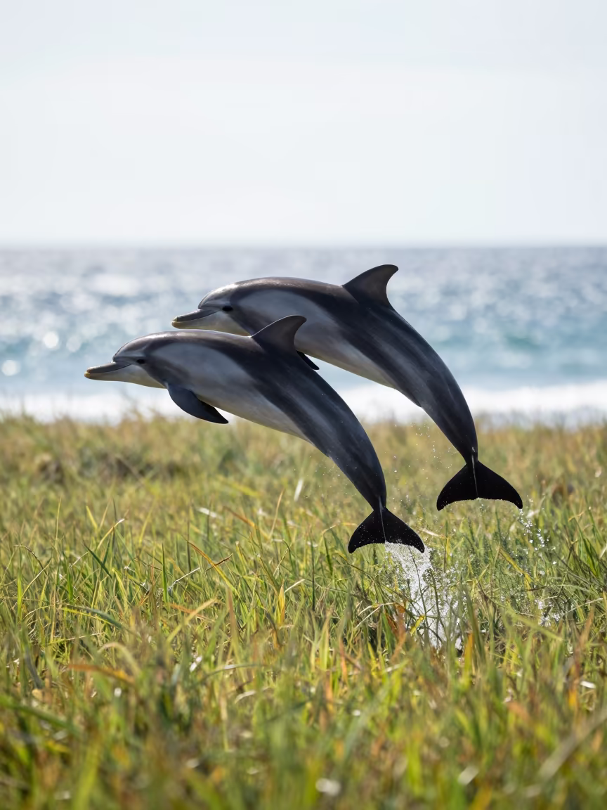 Dolphin Pod Leaping Over Sydney Seagrass Meadow in above a seagrass meadow near Sydney