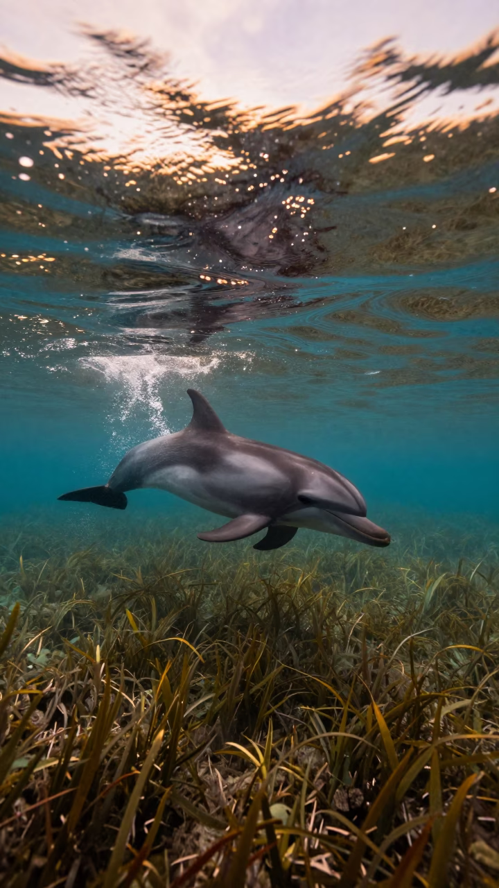 Dolphin Riding Wave Over Seagrass Havana in above a seagrass meadow near Vedado, Havana