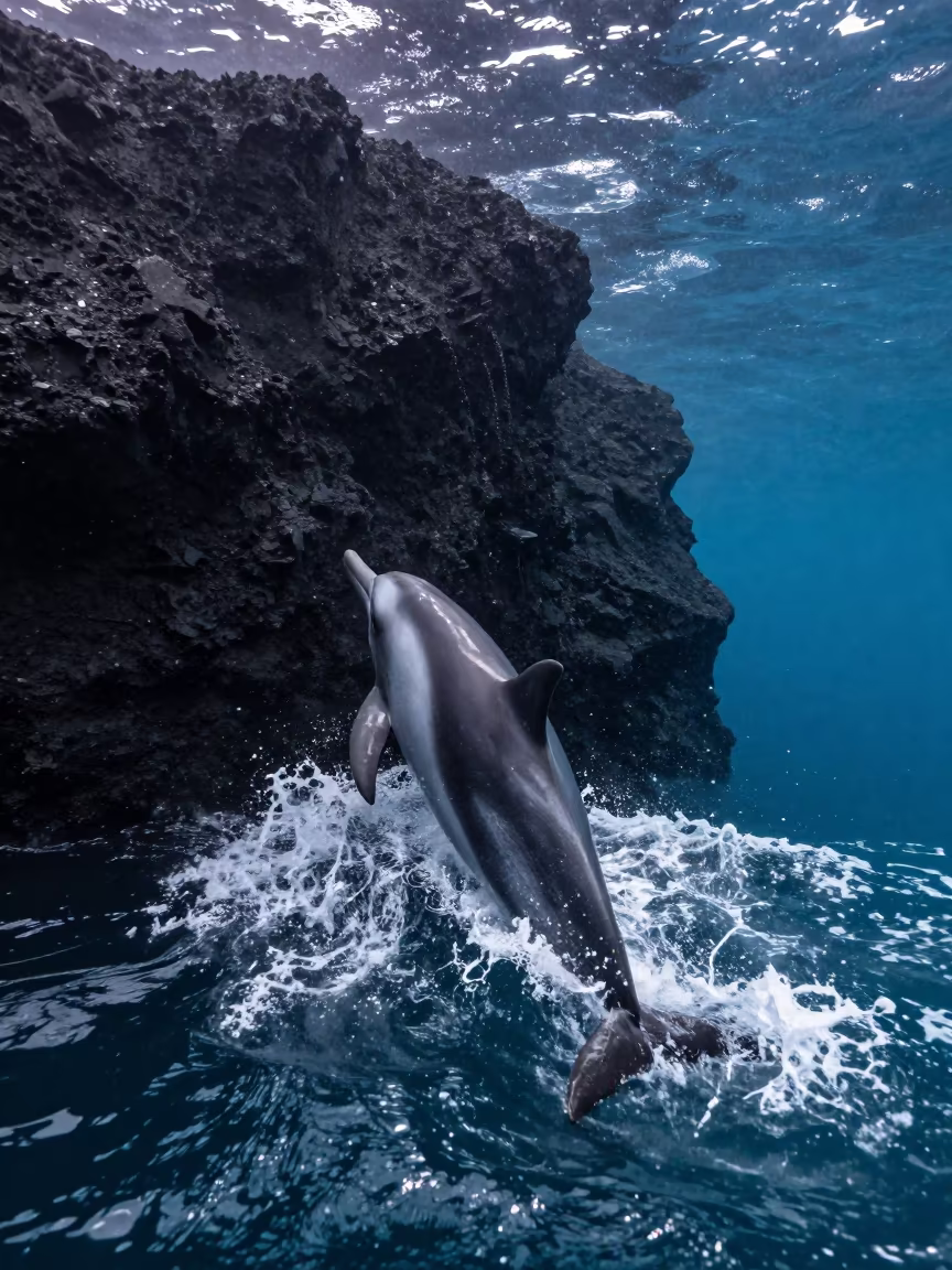 Dolphin Riding Wave Near Volcanic Drop-off in beside a volcanic drop-off near Salvador
