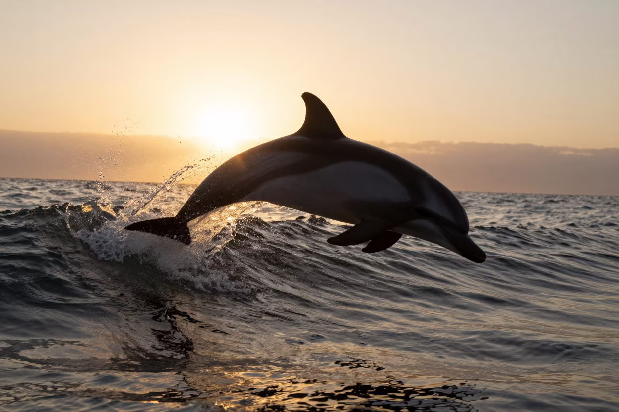Dolphin Silhouette Leaping Over Kelp Shelf at Sunset in along a kelp-fringed shelf in California