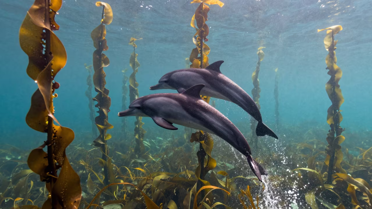 Dolphins Leap Through Catalonian Kelp Forest Noon in through a forest of kelp fronds in Catalonia