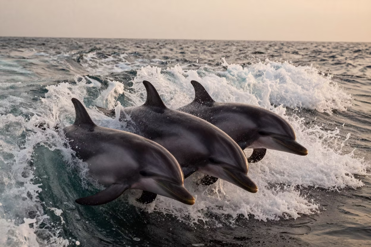Dolphins surfing boat bow wave Kenya in along a game trail in Kenya