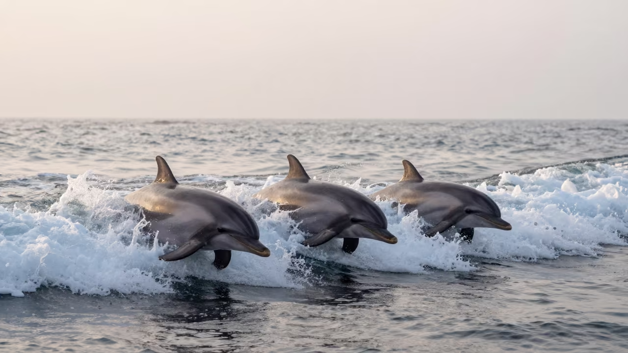 Dolphins Surging in Boat Wake at Dawn in on a wind-scoured ridge near Dhaka