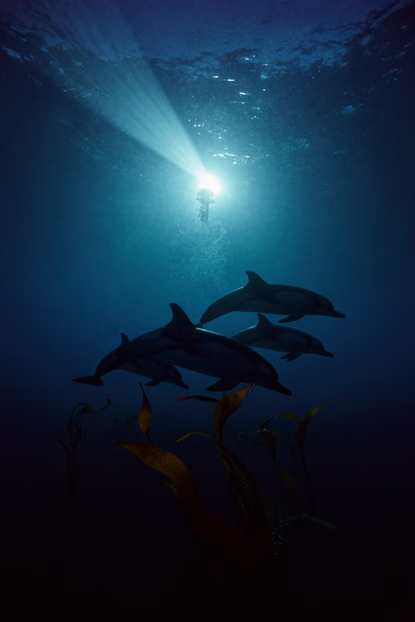 Dolphins Sweep Through Night Kelp Oregon in along a kelp-fringed shelf in Oregon