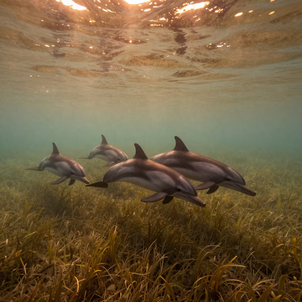 Dolphins Weaving Through Bait Ball in Kenya Seagrass in above a seagrass meadow in Kenya