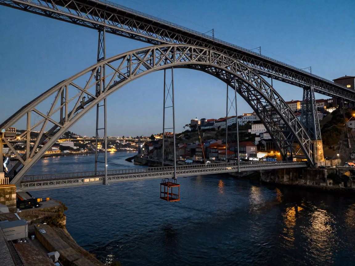 Dom Luis I Bridge Maintenance Cradle at Twilight in Porto in in Porto, Portugal