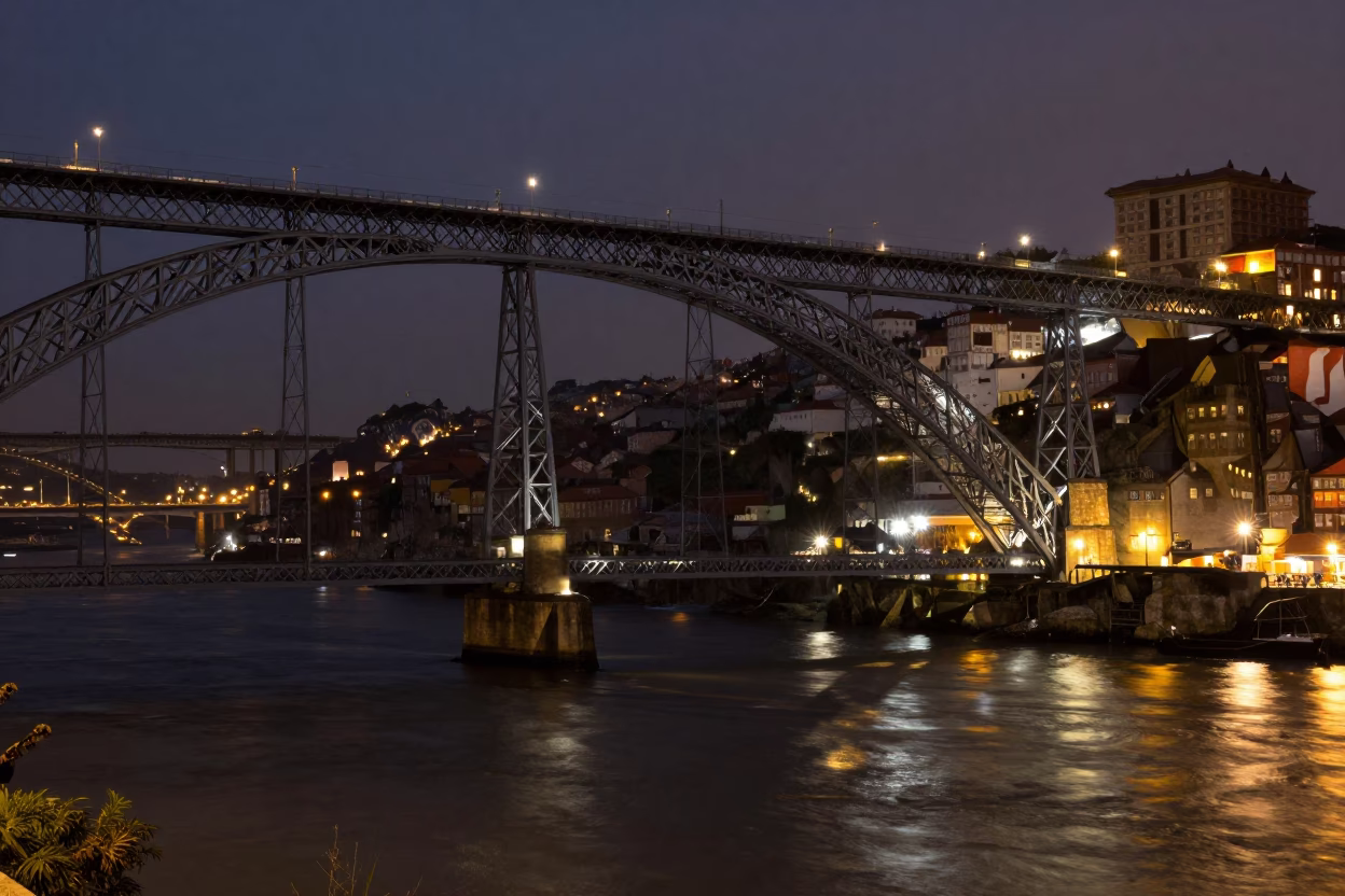 Dom Luis I Bridge Pier Splitting Dark Douro River in Porto in in Porto, Portugal