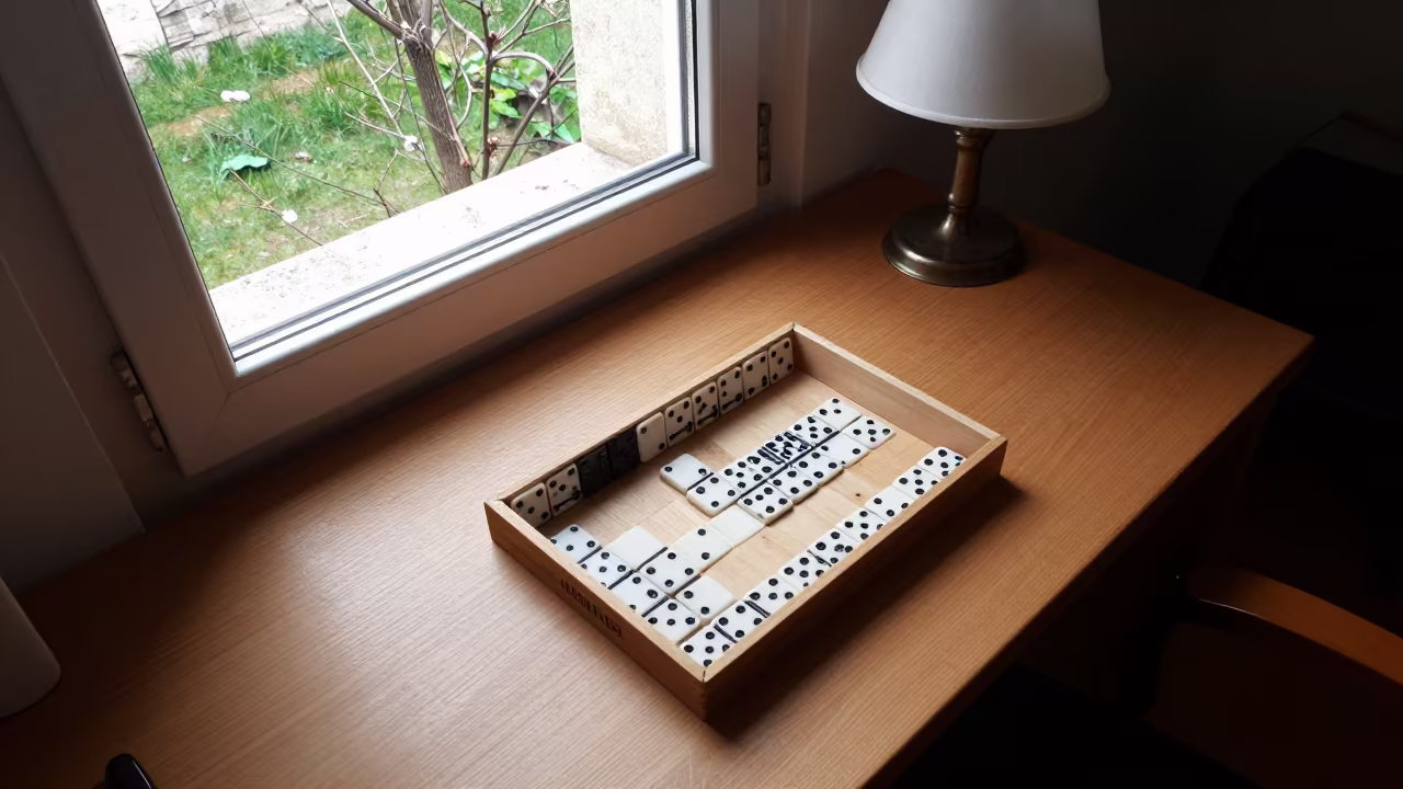 Domino Box on Taranto Desk Under Shaded Lamp in on a writing desk in Taranto