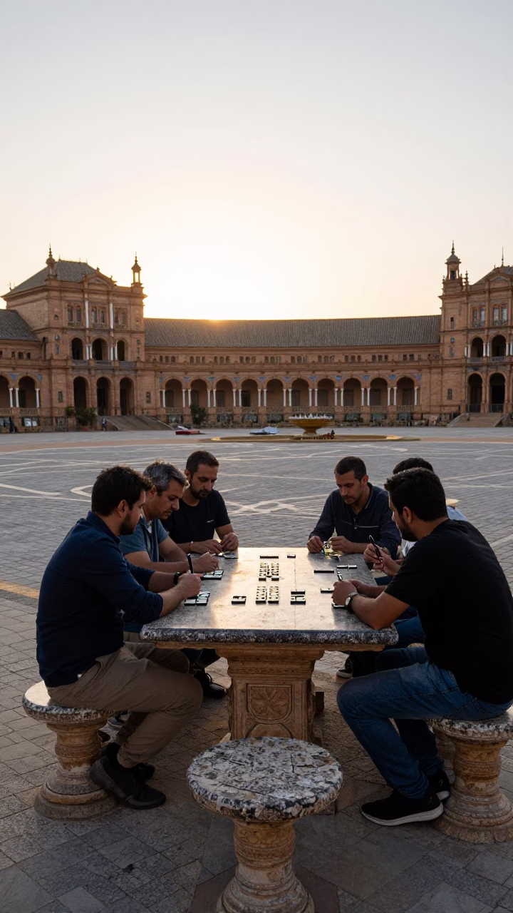Domino Game at As The Sun Drops Toward The Horizon in Seville in in Seville, Spain