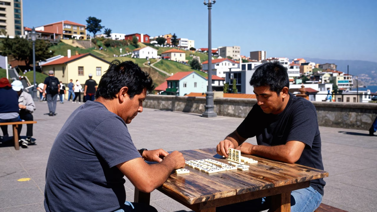 Domino players and colorful hills in Valparaiso Chile bright midmorning light in in Valparaiso, Chile