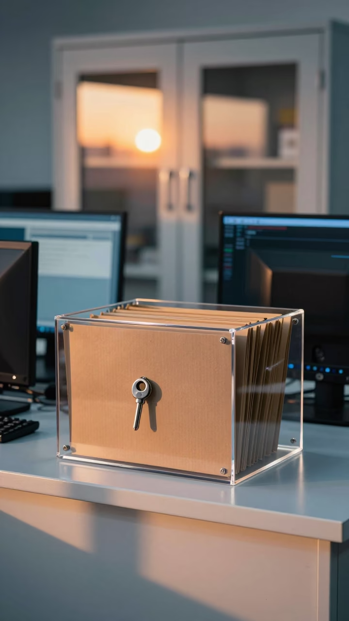 Donation Key Box in Veraval Office at Sunset in in an operations center under monitor glow near Veraval