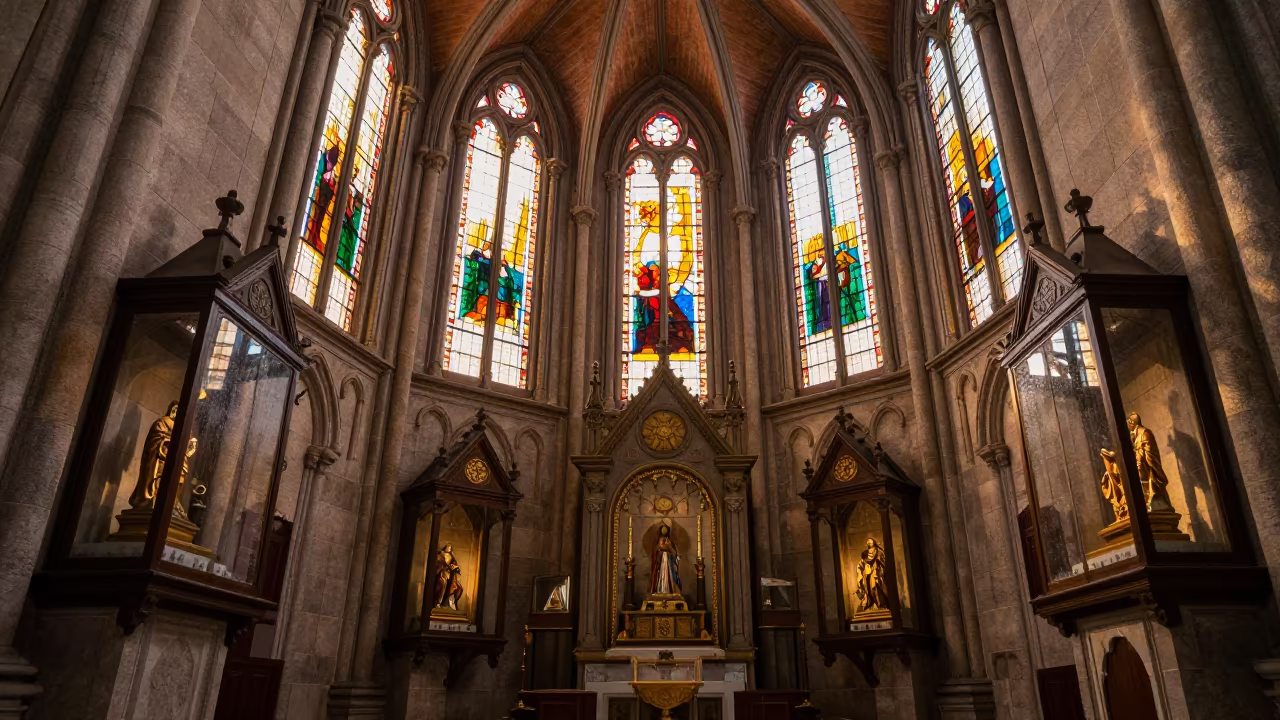 Dongshan Cathedral Ambulatory Evening Light in in a chapel lit by stained glass in Dongshan, Guangzhou