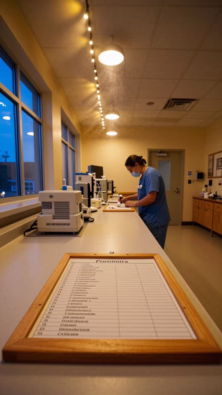 Donor Milk Thaw Log Board at Nurse Station in at a nurse station under monitor glow in St Petersburg