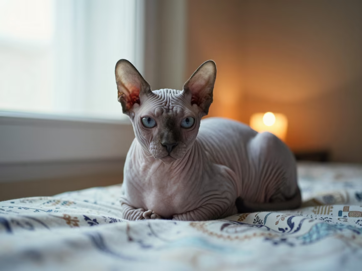 Donskoy Cat Lounging on Bedspread by Window in on a bedspread near a bright window with calm indoor light in El Mahalla El Kubra