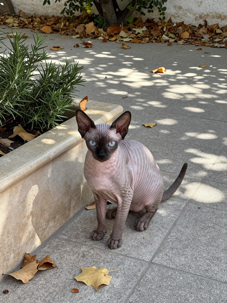 Donskoy Cat on Jaén Porch in Early Autumn in near a garden edge with soft morning light and an uncluttered background near Jaén
