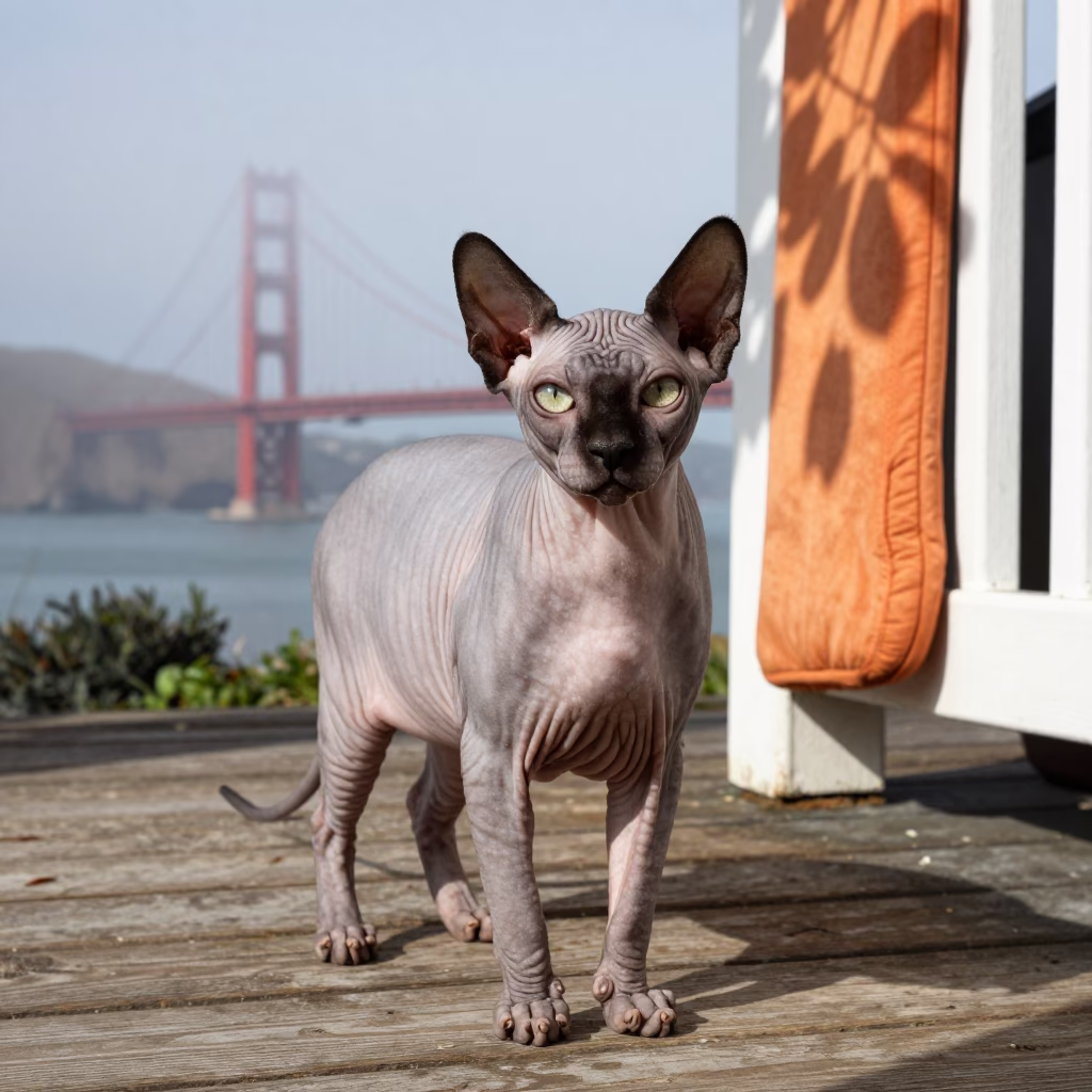 Donskoy Cat on Shaded San Francisco Porch in on a shaded front porch with boards, railings, and eye-level framing in San Francisco