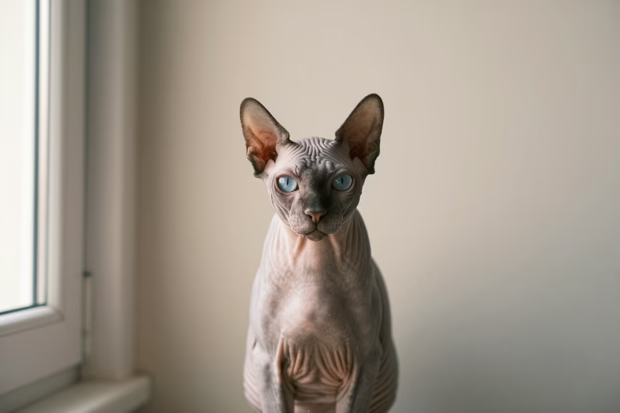 Donskoy Cat Portrait Beside Plaster Wall in Hoima in beside a plain plaster wall in soft indoor light with the animal centered in frame in Hoima