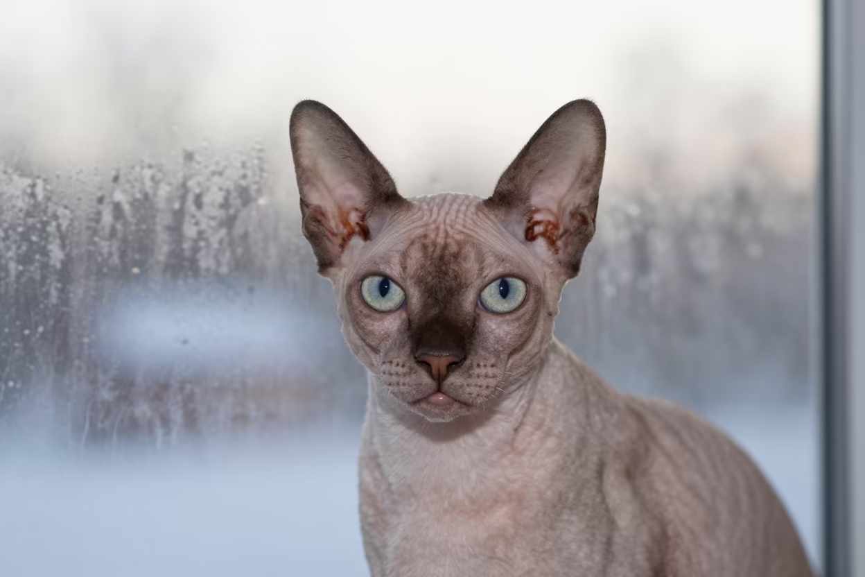 Donskoy Cat Portrait Early Morning Studio Light in in a quiet portrait studio with a plain backdrop and eye-level framing in Trier