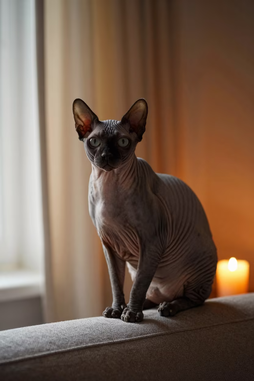 Donskoy Cat Portrait in Evening Candlelight in on a sofa near a curtained window with calm indoor light in Formosa
