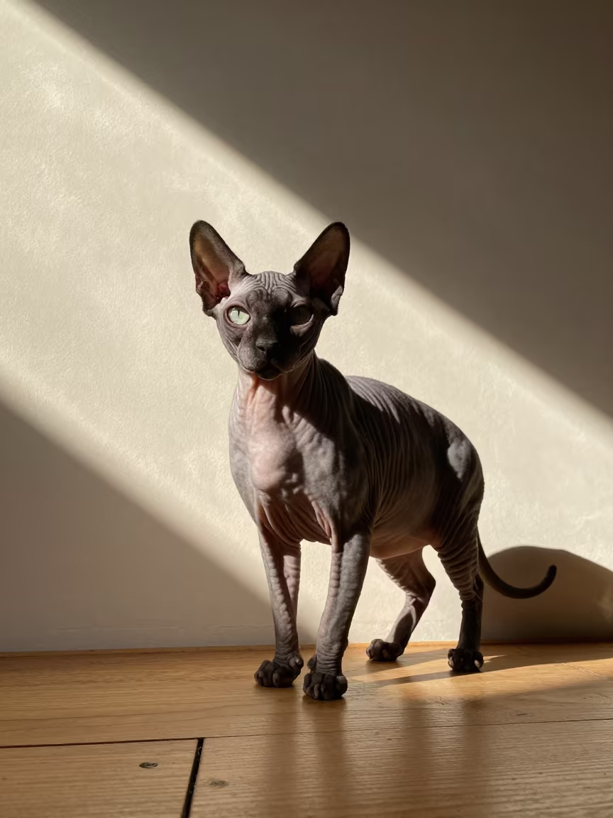 Donskoy Cat Portrait in Lyon Studio in in a quiet portrait studio with a plain backdrop and eye-level framing in Lyon