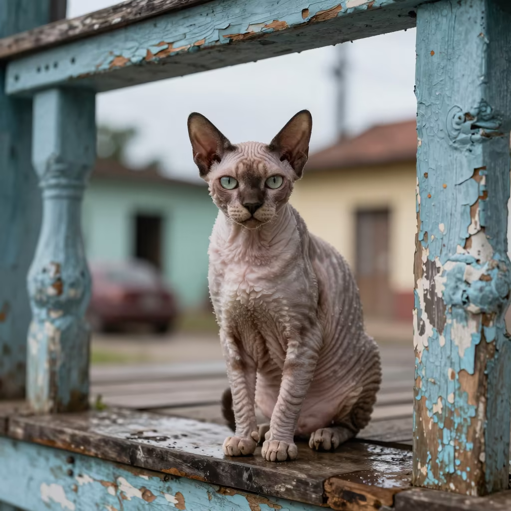 Donskoy Cat Portrait on Holguin Porch in on a shaded front porch with boards, railings, and eye-level framing in Holguin