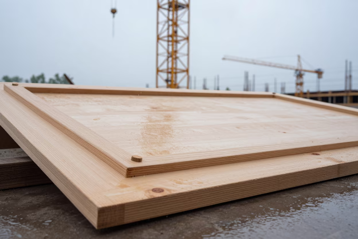 Dust Muted Door Hardware Board in Bulgarian Rain in beneath a tower crane on open ground in Bulgaria
