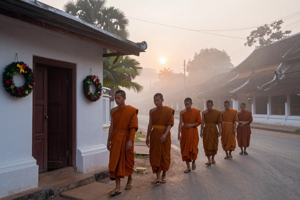 Door Wreaths in Luang Prabang at First Light Of Dawn in in Luang Prabang, Laos
