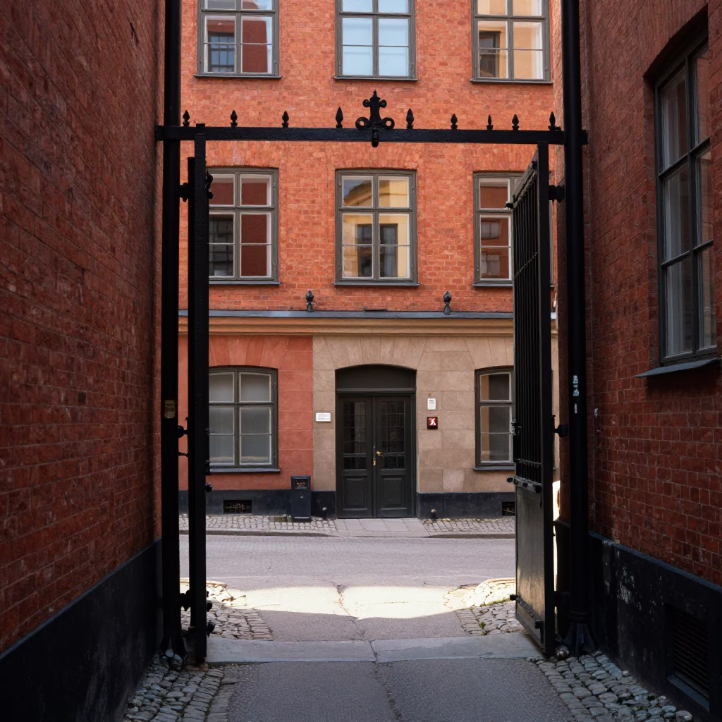 Doorframe Courtyard in Stockholm at As First Light Reaches The Scene in in Stockholm, Sweden