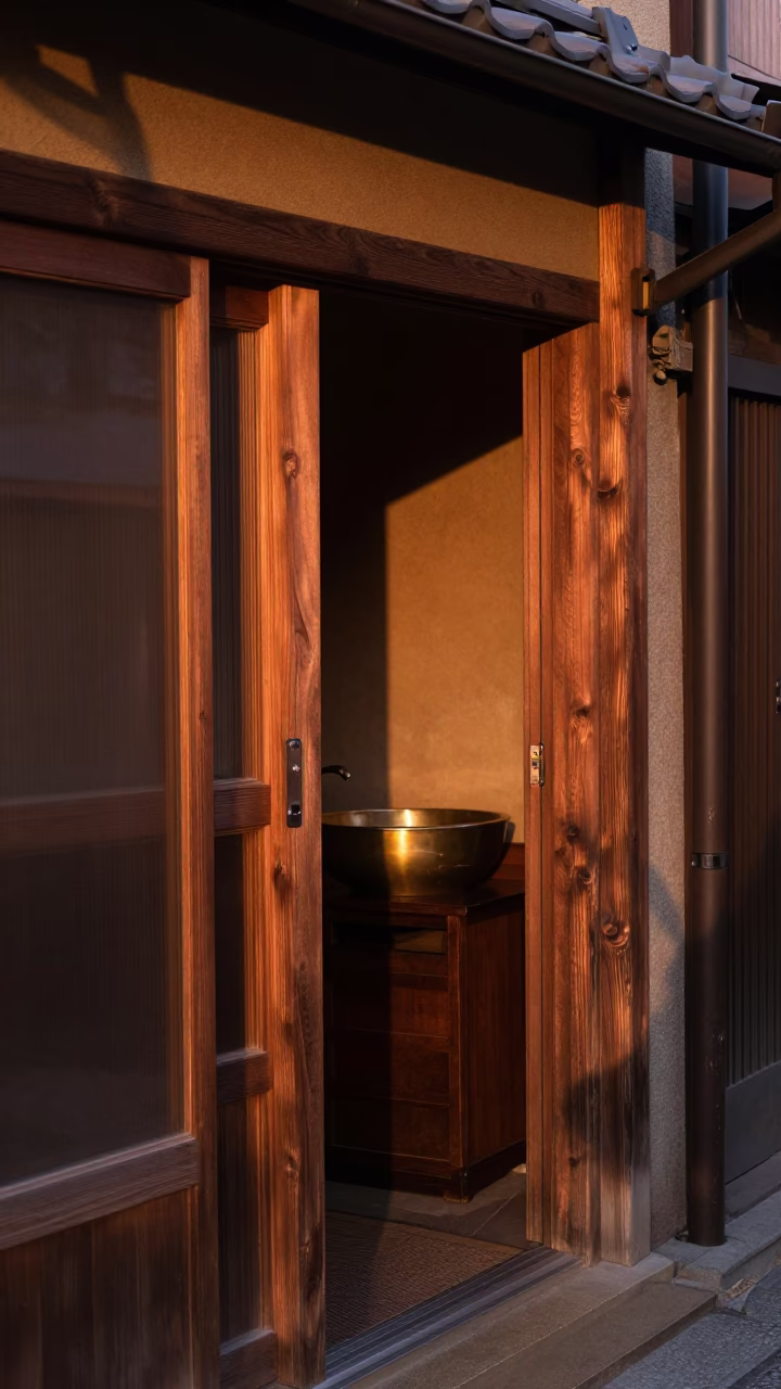Doorframe in Fukuoka at Copper-toned Light Before Dusk in in Fukuoka, Japan