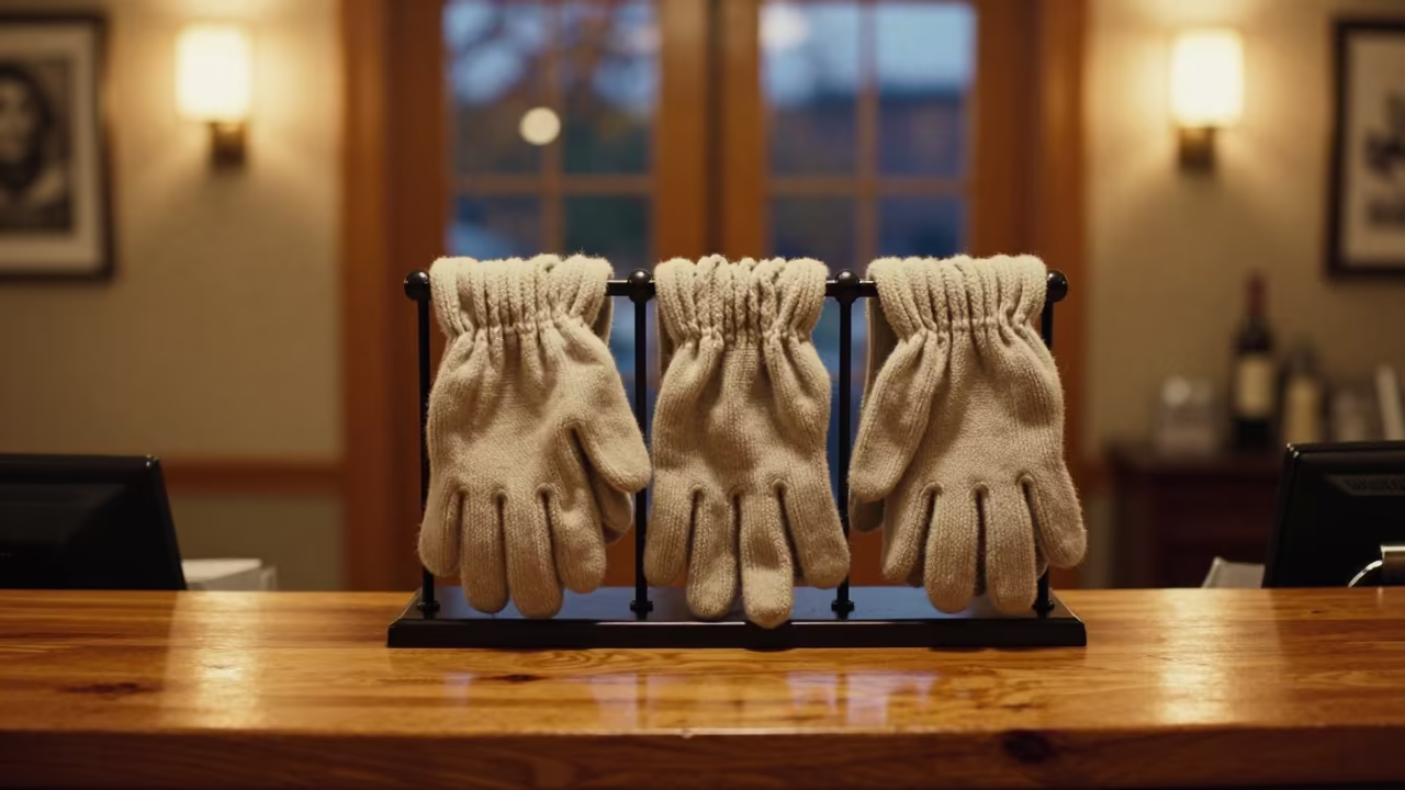Doorman Glove Dryer in Winnipeg Hotel Lobby in at a reception desk under warm light near Winnipeg