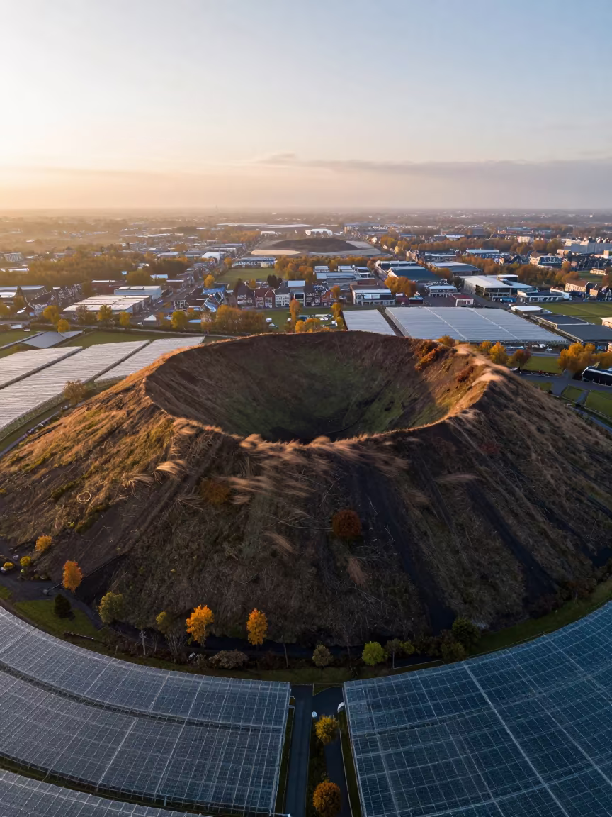 Dormant Volcano Crater Near Amsterdam Greenhouses in high over greenhouse grids near Amsterdam