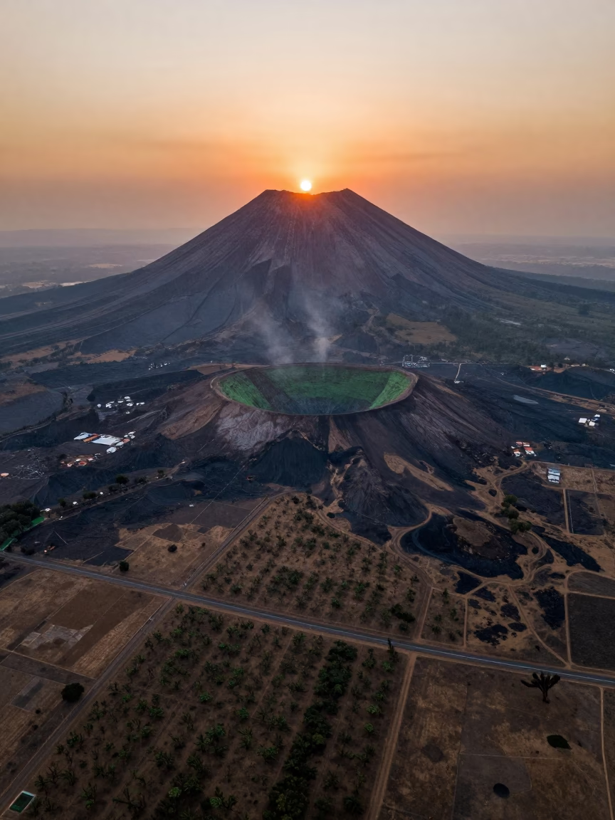 Dormant Volcano Green Crater Sunset Aerial View in far above orchard blocks and irrigation lines near Kisangani