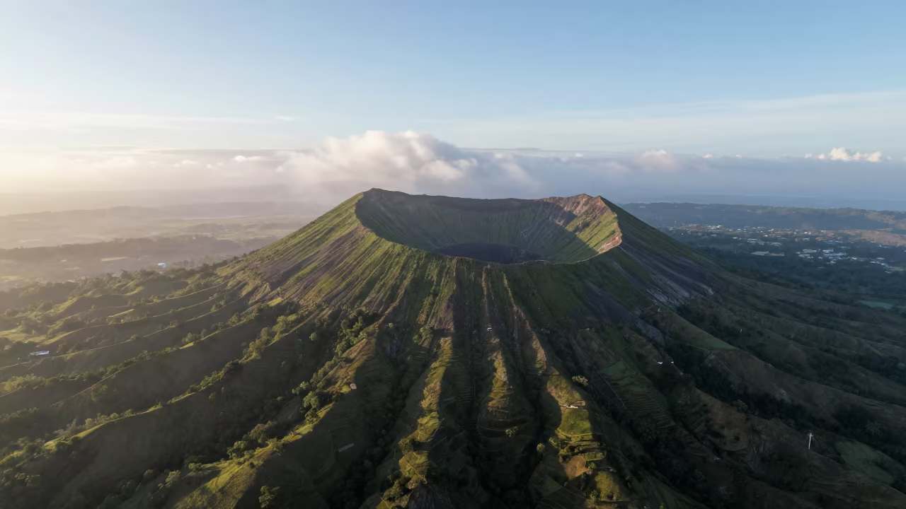 Dormant Volcano Green Crater Trinidad Aerial View in far above terraced hillsides in Trinidad and Tobago